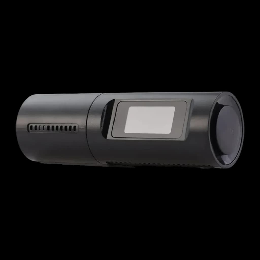 Dashcam Prido Easy 2K WiFi GPS, detalhe lateral: corpo cilíndrico preto com ecrã retangular e grelha de ventilação visíveis