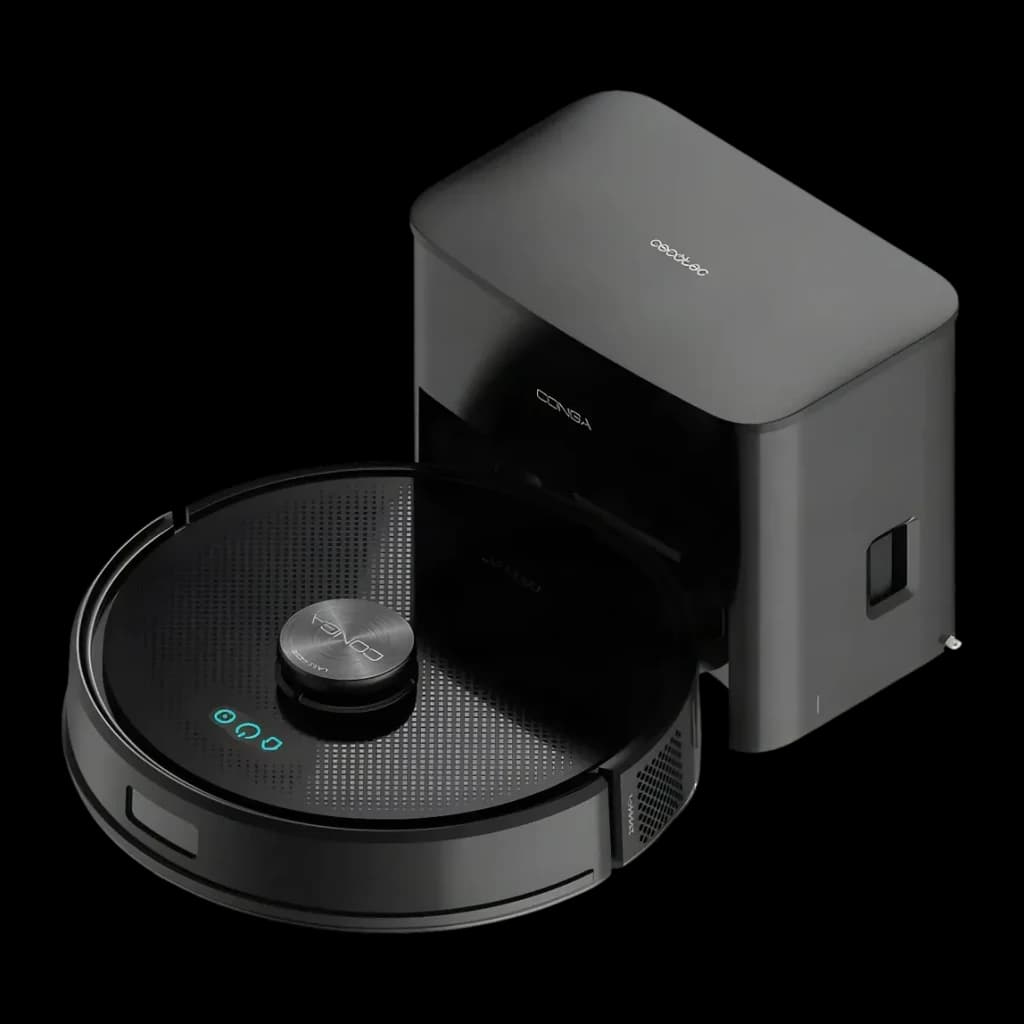 Robot Aspirador Cecotec Conga Y70 Preto LiDAR Lavador Autoesvaziamento 20000Pa, vista isométrica: robô acoplado à base