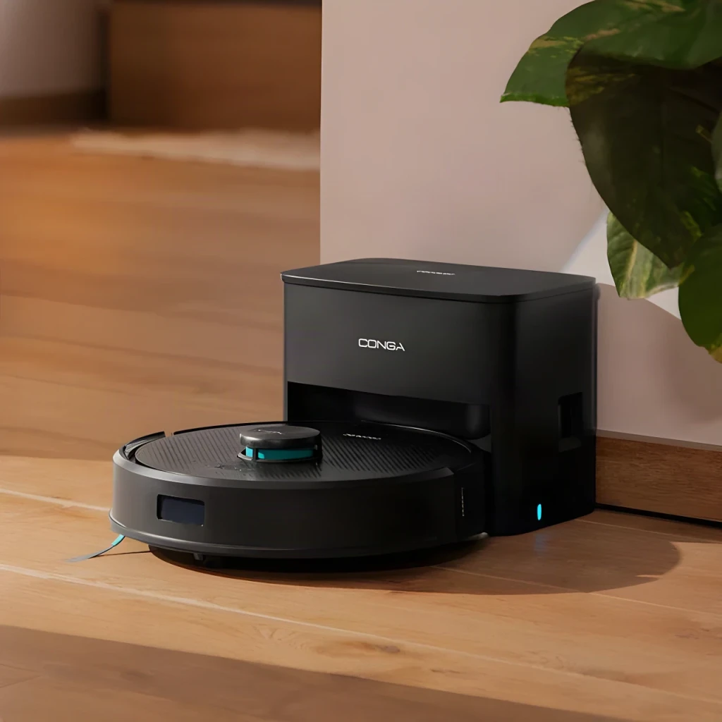 Robot Aspirador Cecotec Conga Y70 Preto LiDAR Lavador Autoesvaziamento 20000Pa, vista lateral: robô acoplado à base preta