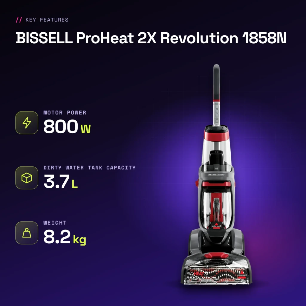Nettoyeur de moquettes BISSELL ProHeat 2X Revolution 1858N Rouge/Titane 800W - caractéristiques