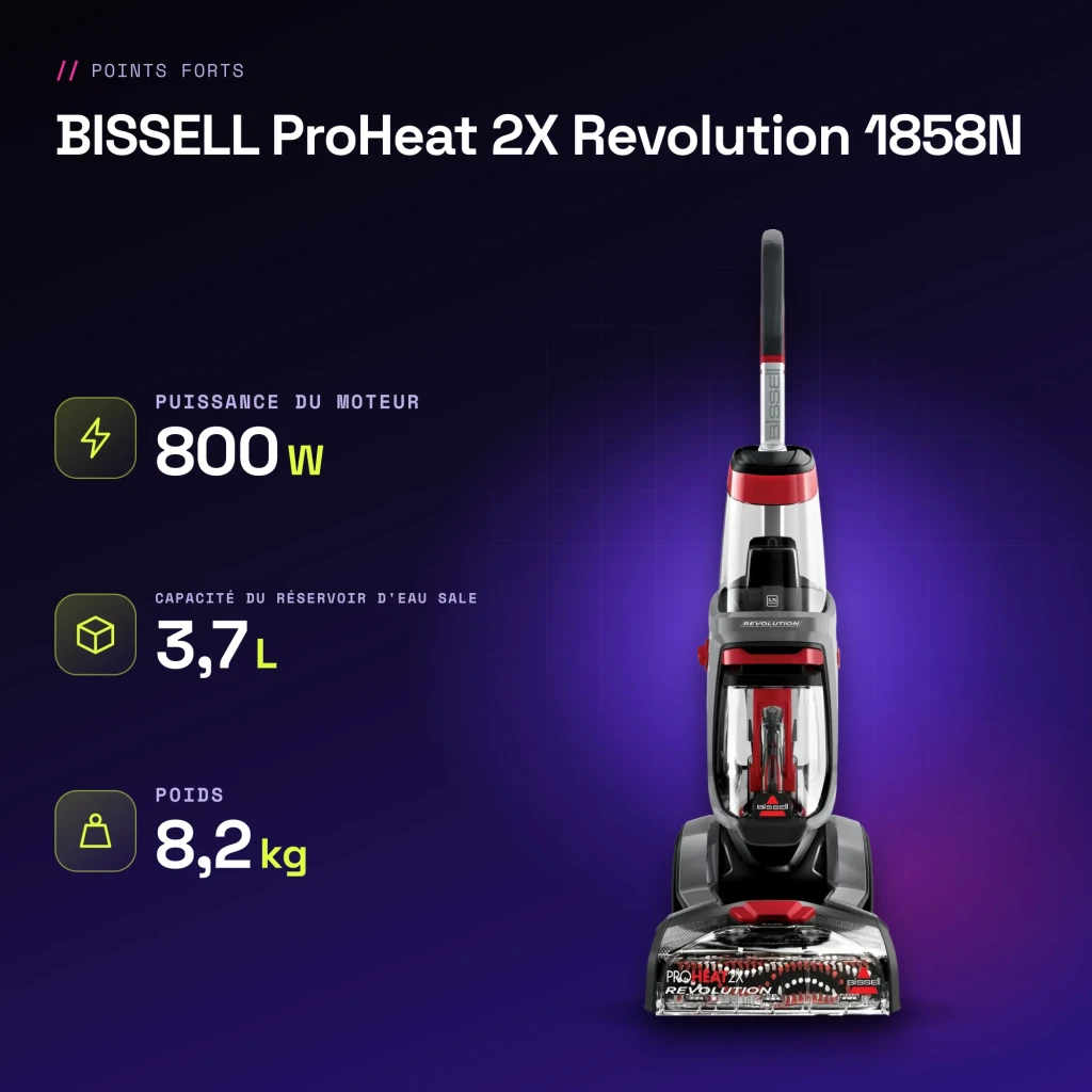 Nettoyeur de moquettes BISSELL ProHeat 2X Revolution 1858N Rouge/Titane 800W - caractéristiques