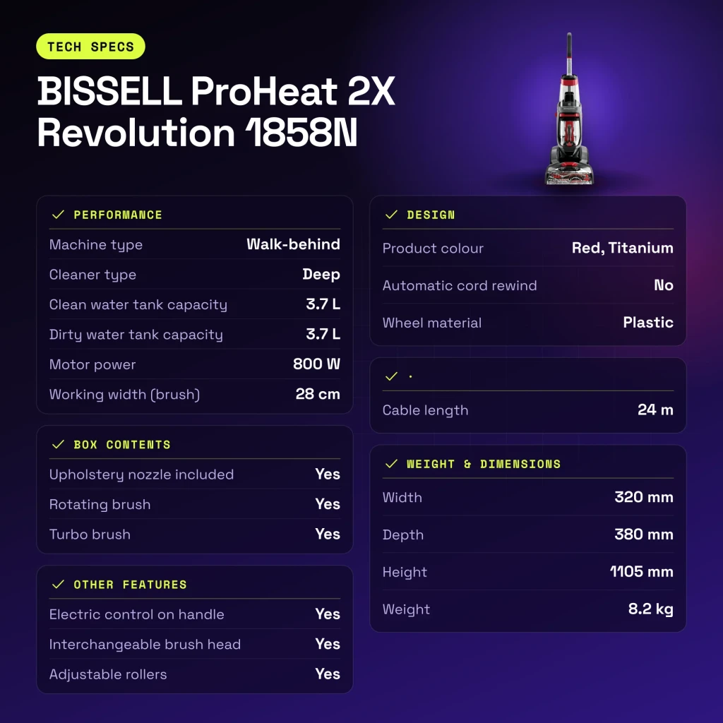 Nettoyeur de moquettes BISSELL ProHeat 2X Revolution 1858N Rouge/Titane 800W - caractéristiques