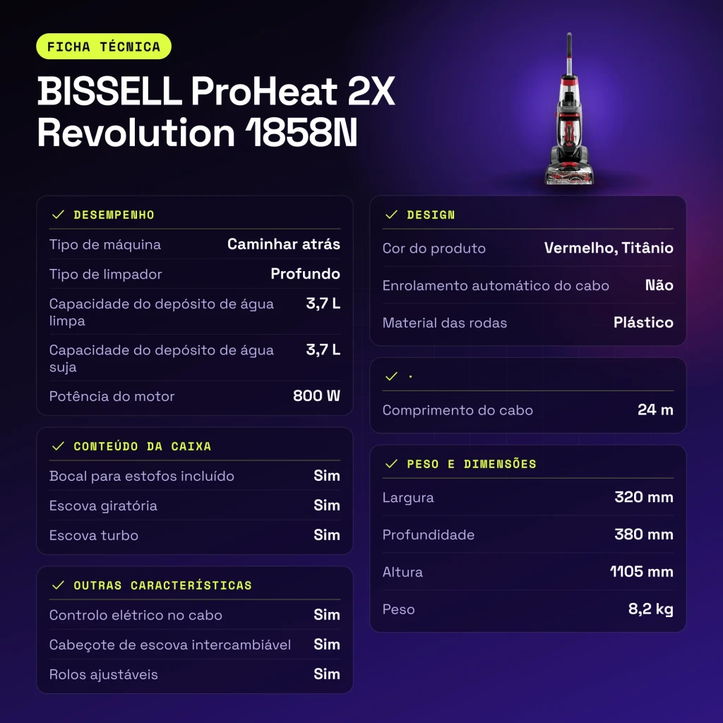 Nettoyeur de moquettes BISSELL ProHeat 2X Revolution 1858N Rouge/Titane 800W - caractéristiques