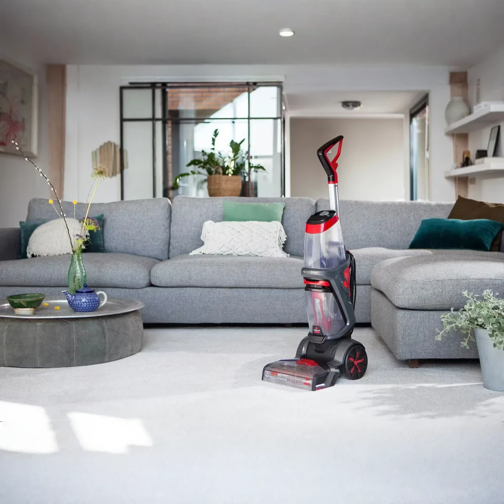 Nettoyeur de moquettes BISSELL ProHeat 2X Revolution 1858N Rouge/Titane 800W, vue latérale: posé sur moquette blanche