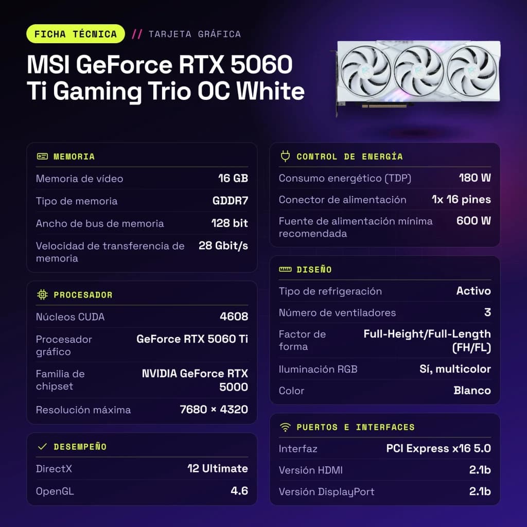 MSI GeForce RTX 5060 Ti Gaming Trio OC White 16GB GDDR7 - características