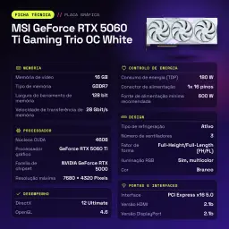 MSI GeForce RTX 5060 Ti Gaming Trio OC White 16GB GDDR7 - características