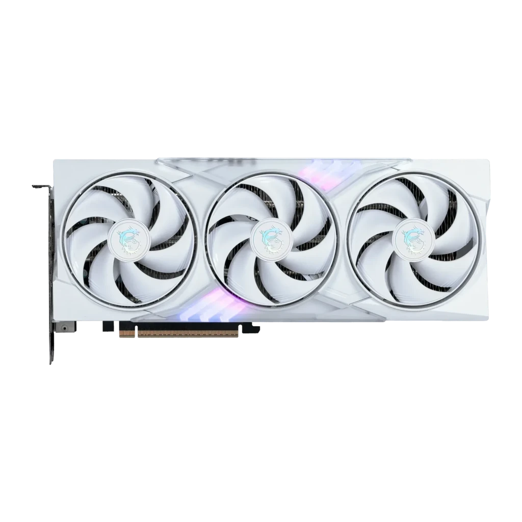 MSI GeForce RTX 5060 Ti Gaming Trio OC White 16GB GDDR7, vista frontal: tres ventiladores blancos con logo dragón y franja