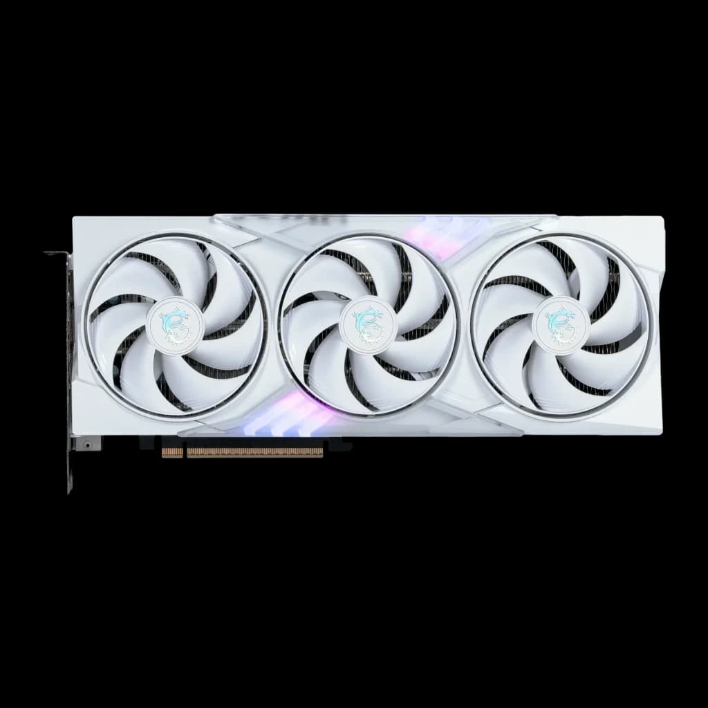MSI GeForce RTX 5060 Ti Gaming Trio OC White 16GB GDDR7, vista frontal: tres ventiladores blancos con logo dragón y franja