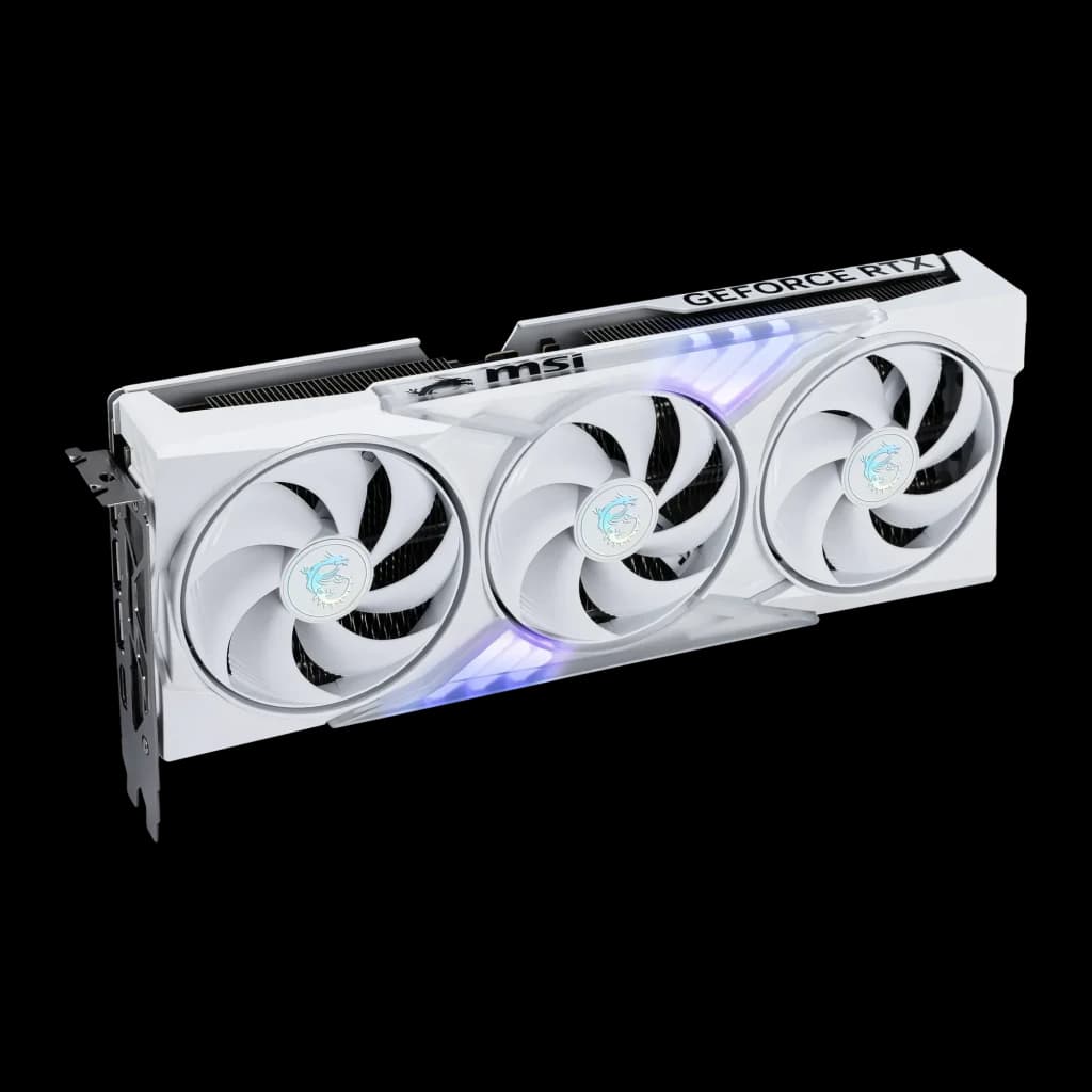 MSI GeForce RTX 5060 Ti Gaming Trio OC White 16GB GDDR7, vista frontal en ángulo: tres ventiladores con iluminación RGB