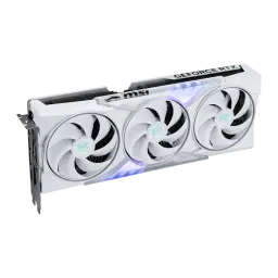 MSI GeForce RTX 5060 Ti Gaming Trio OC White 16GB GDDR7, vista frontal en ángulo: tres ventiladores con iluminación RGB