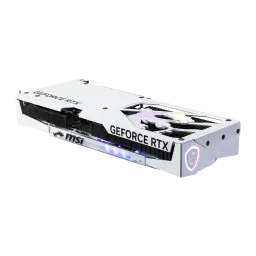 MSI GeForce RTX 5060 Ti Gaming Trio OC White 16GB GDDR7, vista inferior en ángulo: backplate blanco, RGB lateral y logo
