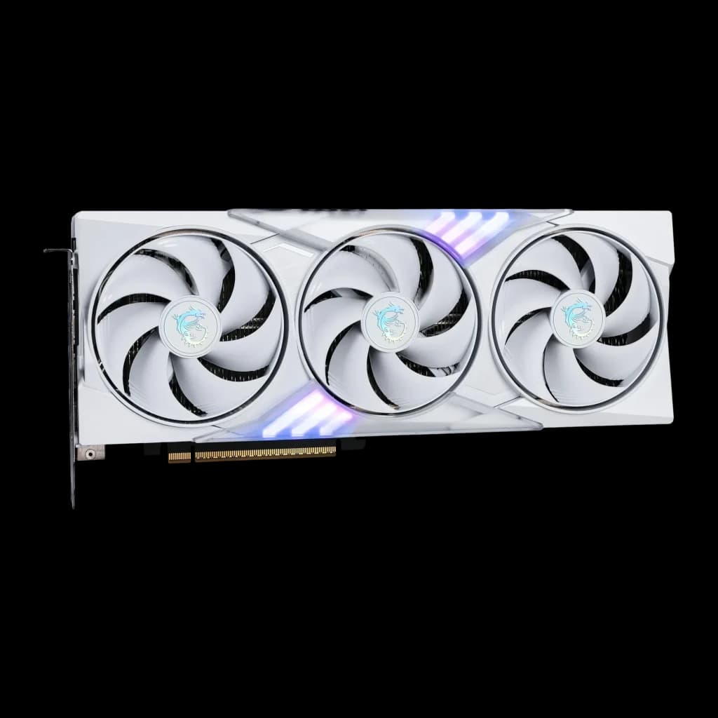 MSI GeForce RTX 5060 Ti Gaming Trio OC White 16GB GDDR7, vista frontal en ángulo: tres ventiladores blancos con iluminación