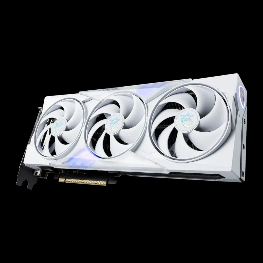 MSI GeForce RTX 5060 Ti Gaming Trio OC White 16GB GDDR7, vista lateral: tres ventiladores blancos con logo dragón y conector