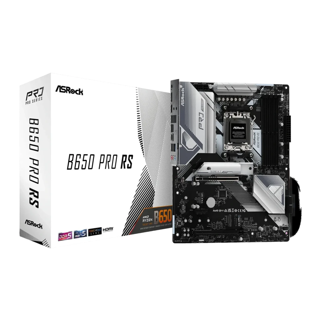 Carte mère ASRock B650 Pro RS AMD AM5 DDR5 ATX Sans WiFi, vue principale: carte et boîte blanche Pro Series côte à côte