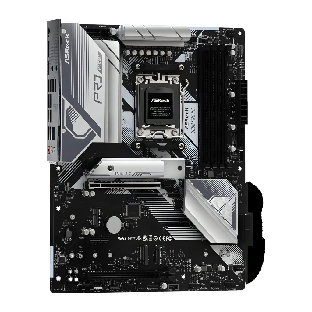 Carte mère ASRock B650 Pro RS AMD AM5 DDR5 ATX Sans WiFi, vue de face en angle: socket AM5, dissipateurs argentés et slots