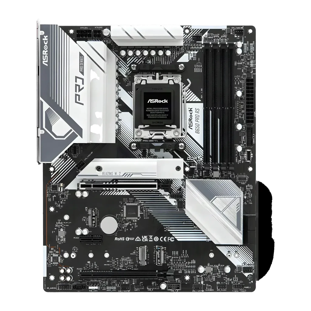 Carte mère ASRock B650 Pro RS AMD AM5 DDR5 ATX Sans WiFi, vue de dessus: socket AM5, dissipateurs blancs, slots DDR5 et PCIe