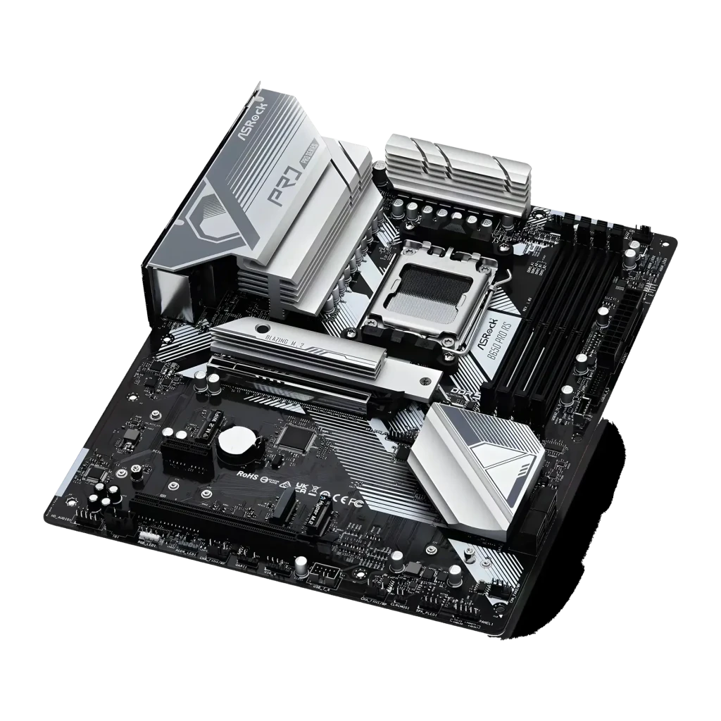 Carte mère ASRock B650 Pro RS AMD AM5 DDR5 ATX Sans WiFi, vue en angle: dissipateurs argentés, socket AM5 et slots DDR5