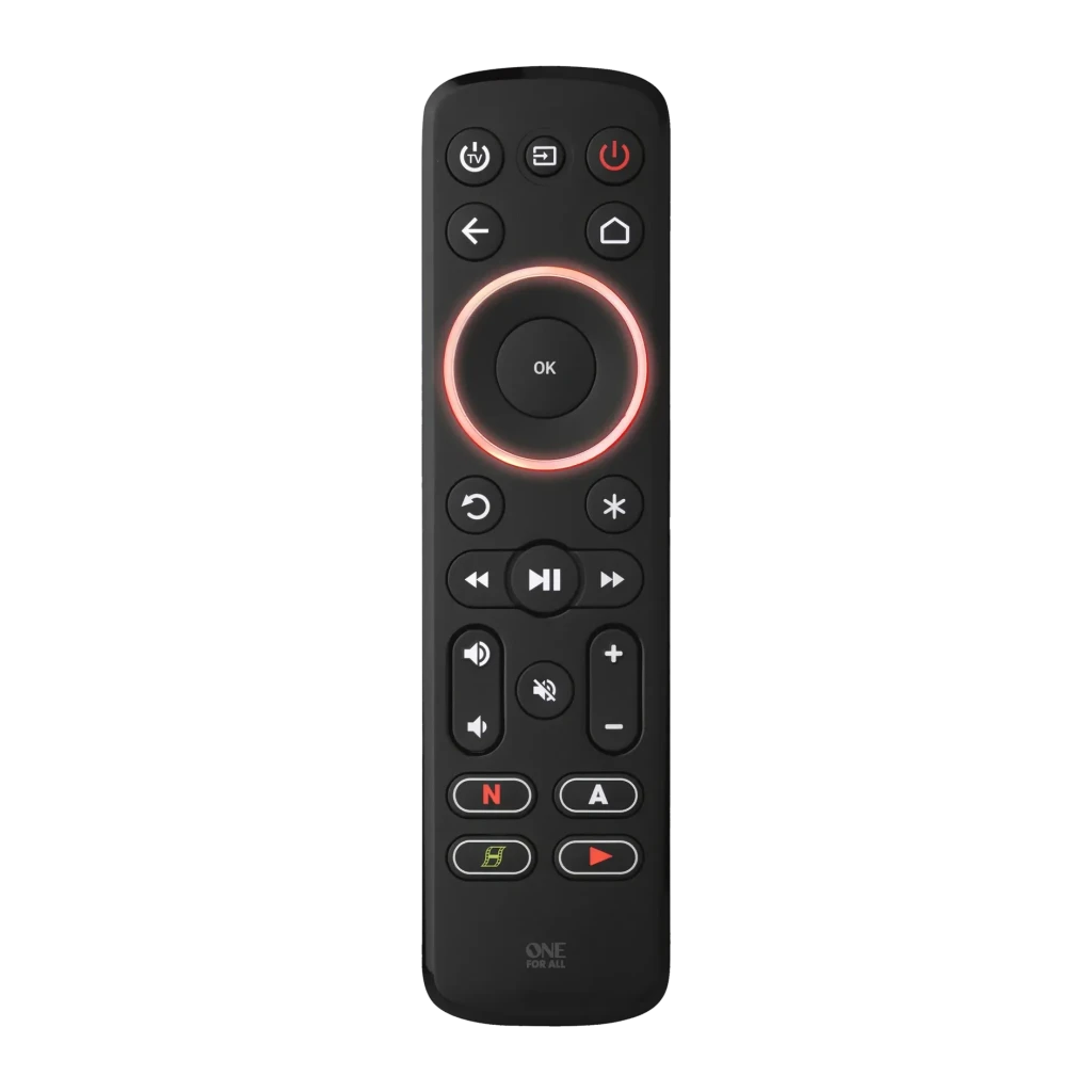 One for All Streamer URC7935 Télécommande universelle IR Infrarouge (IR), vue avant: touches streaming et anneau OK rouge