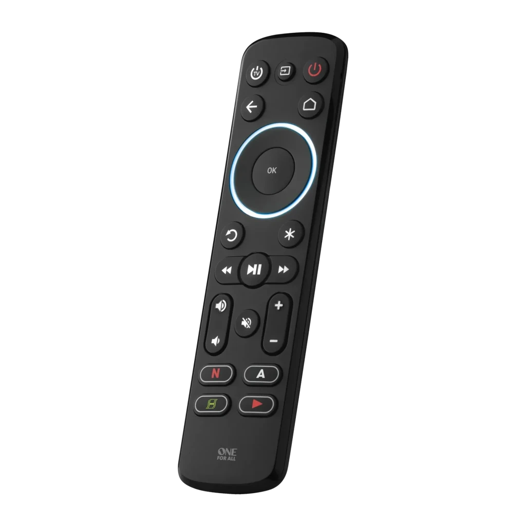 One for All Streamer URC7935 Télécommande universelle IR Infrarouge (IR), vue avant en angle: boutons Netflix, Amazon