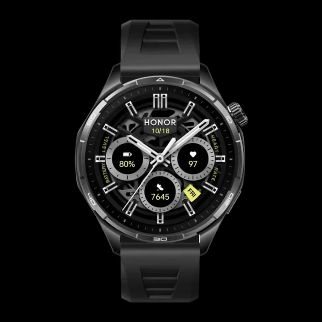 Honor Watch 6 46mm Preto GPS integrado NFC Chamadas Bluetooth, vista frontal: mostrador esqueleto com bateria, frequência