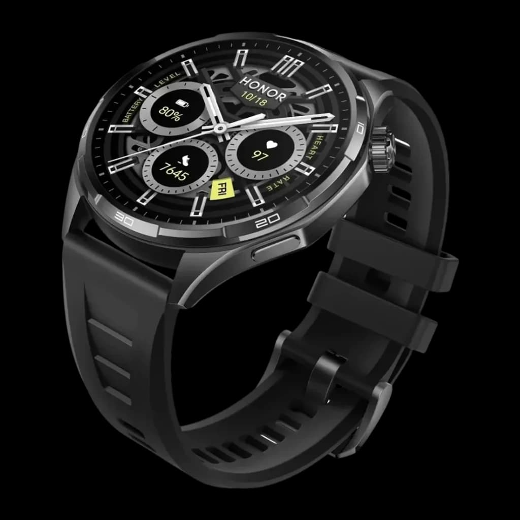 Honor Watch 6 46mm Preto GPS integrado NFC Chamadas Bluetooth, detalhe: mostrador com bateria, frequência cardíaca e passos