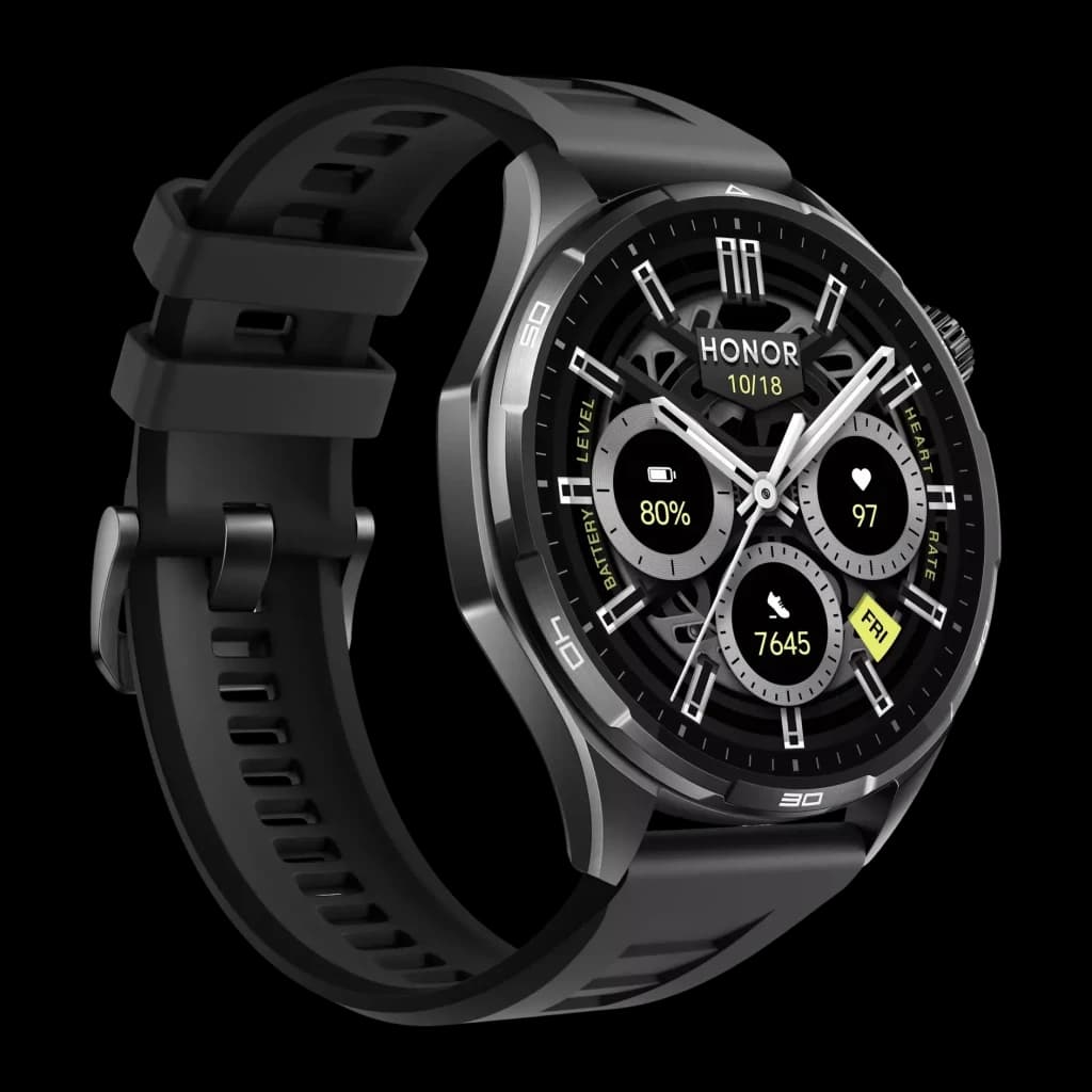 Honor Watch 6 46mm Preto GPS integrado NFC Chamadas Bluetooth, detalhe: mostrador com bateria 80%, freq. cardíaca e passos