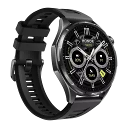 Honor Watch 6 46mm Preto GPS integrado NFC Chamadas Bluetooth, detalhe: mostrador com bateria 80%, freq. cardíaca e passos