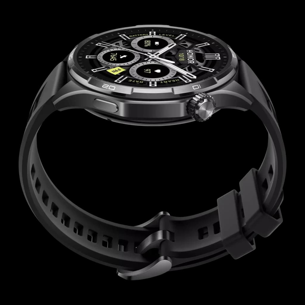 Honor Watch 6 46mm Preto GPS integrado NFC Chamadas Bluetooth, detalhe: mostrador multifunção com coroa lateral e bracelete