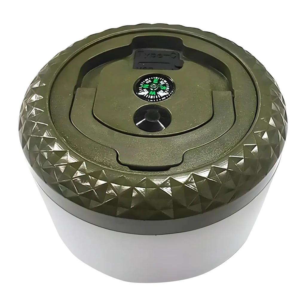Lanterna de Camping Superfire LT01 2 em 1 Bateria recarregável 250 lúmens 10m, detalhe superior: bússola integrada, porta
