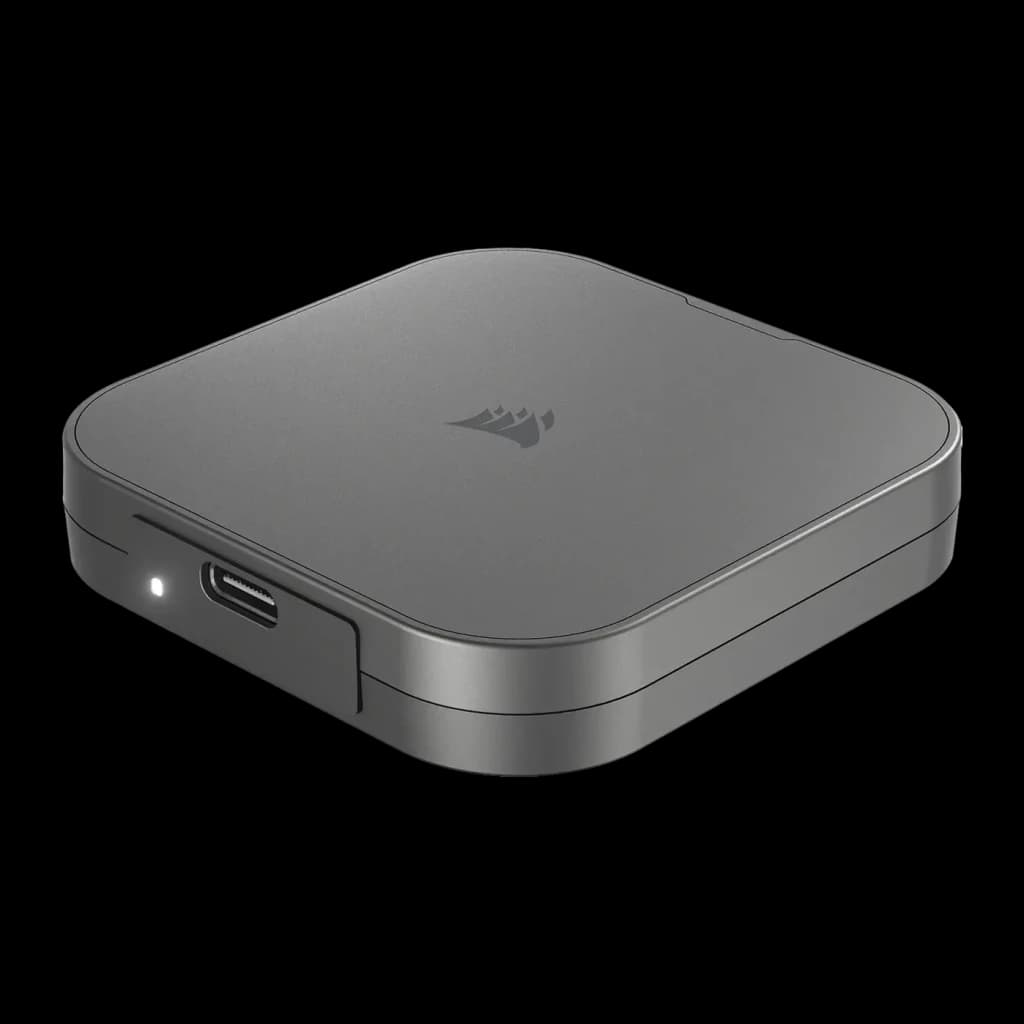 SSD Externe Corsair EX300U 2 To USB-C 3.2 Gen 2 Gris, vue en perspective: logo Corsair sur le dessus, port USB-C et LED