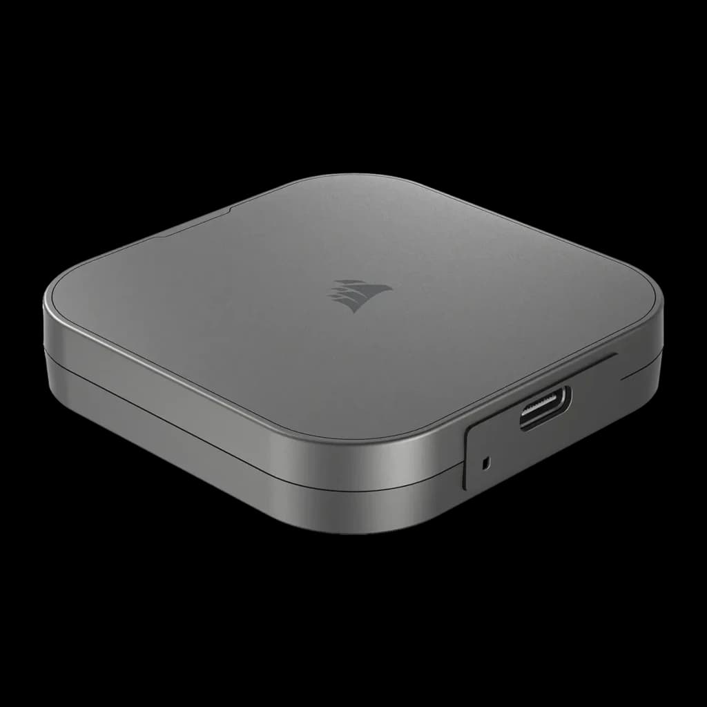 SSD Externe Corsair EX300U 2 To USB-C 3.2 Gen 2 Gris, vue en perspective: logo Corsair sur le dessus et port USB-C latéral