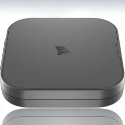 SSD Externe Corsair EX300U 2 To USB-C 3.2 Gen 2 Gris, en utilisation: vue dessus en perspective, logo Corsair gravé et fente