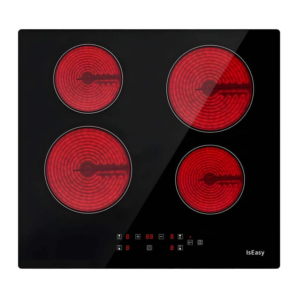 Plaque vitrocéramique Iseasy 5400W 4 zones Noir T4-04, vue de face: 4 zones rouges allumées et panneau tactile
