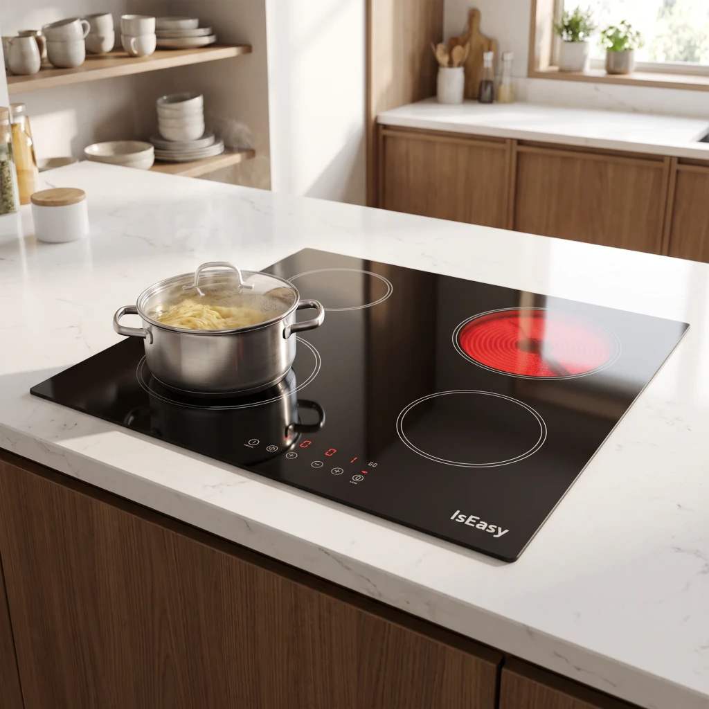 Plaque vitrocéramique Iseasy 5400W 4 zones Noir T4-04, en utilisation: casserole bouillant sur zone active, foyer rouge