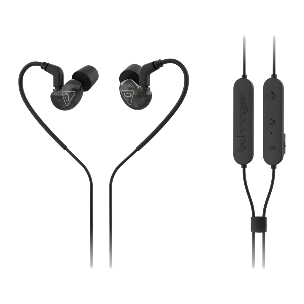 Écouteurs Behringer SD251-BT In-Ear Bluetooth 5.0 7h, vue de face: deux écouteurs noirs avec crochets et télécommande