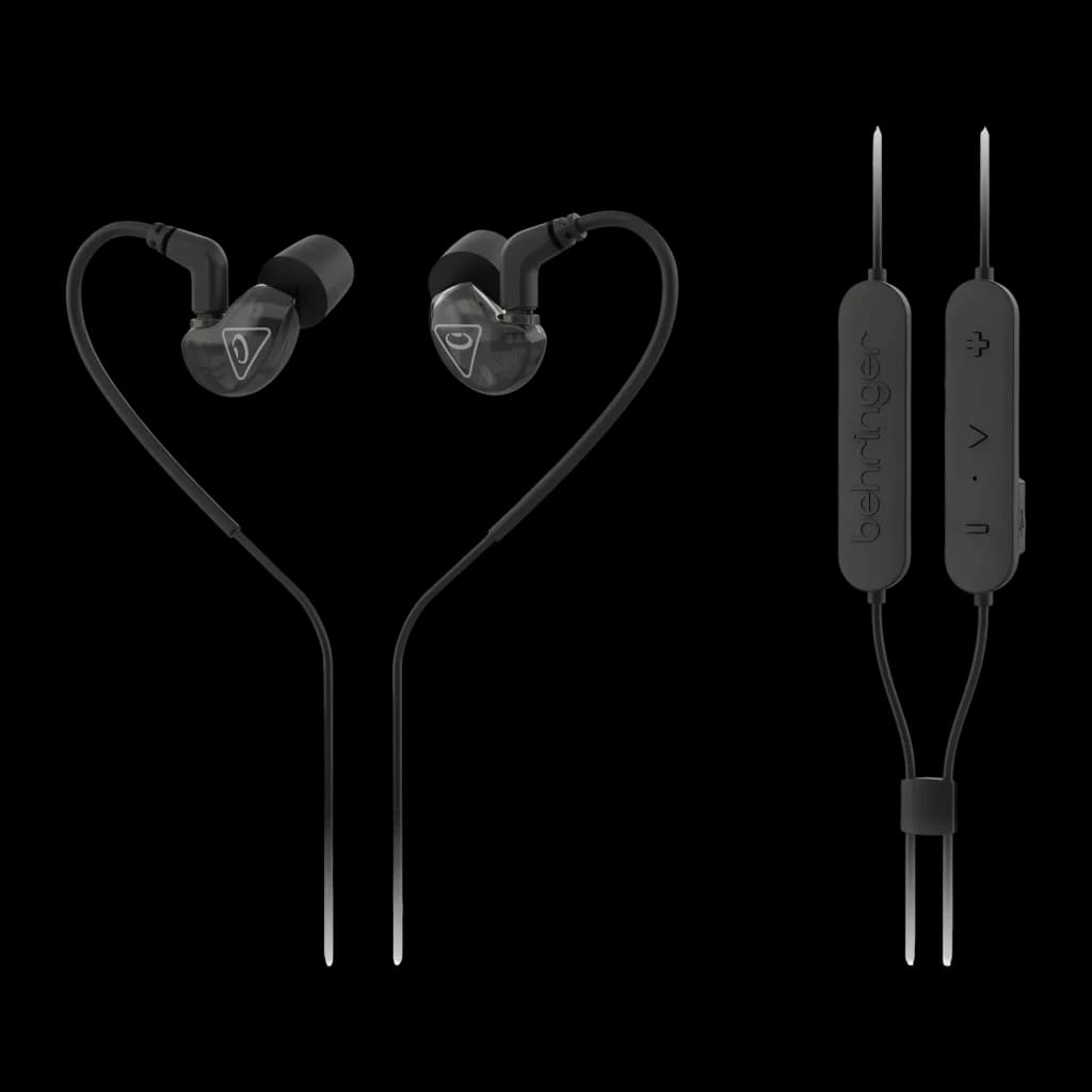 Écouteurs Behringer SD251-BT In-Ear Bluetooth 5.0 7h, vue de face: deux écouteurs noirs avec crochets et télécommande