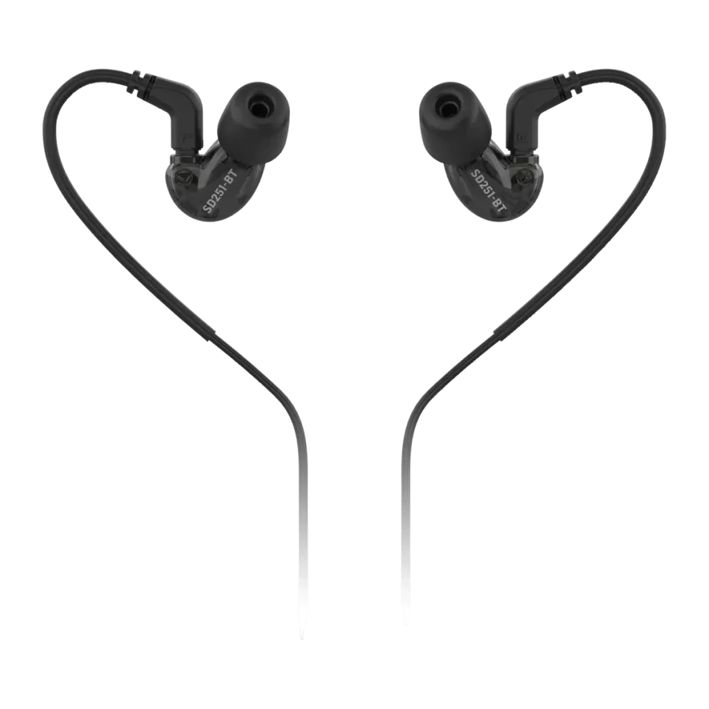 Écouteurs Behringer SD251-BT In-Ear Bluetooth 5.0 7h, détail: les deux écouteurs avec câble over-ear et embouts en silicone