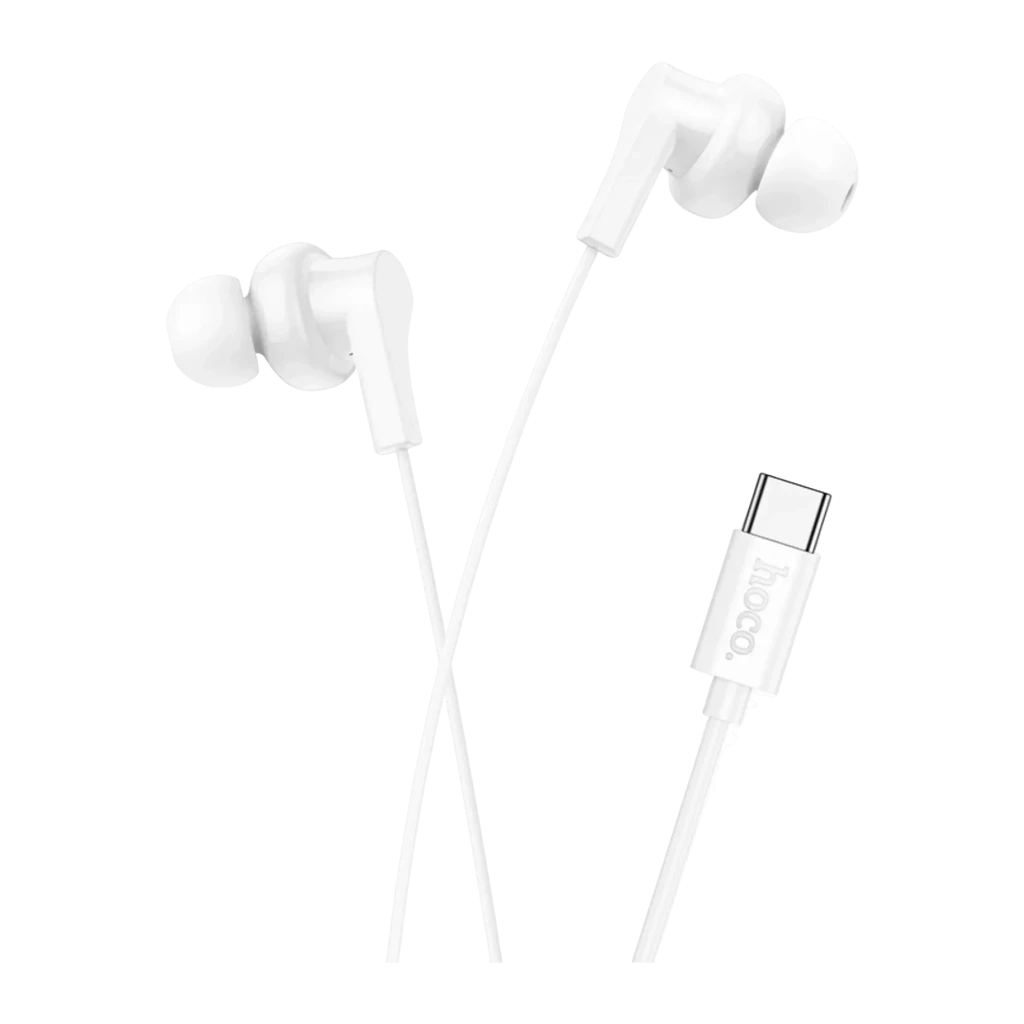 Auriculares Hoco M114 Jia In-Ear USB-C, vista frontal: dos auriculares blancos cruzados con conector USB-C y almohadillas