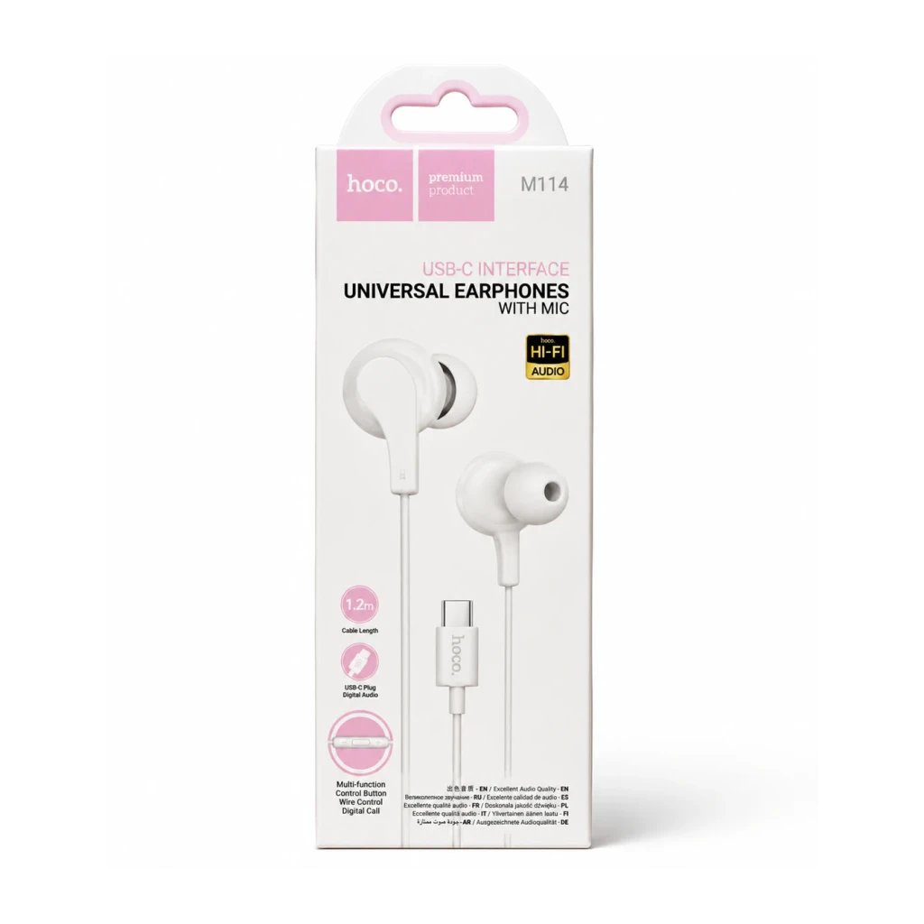 Auriculares Hoco M114 Jia In-Ear USB-C, contenido de la caja: caja frontal blanca con auriculares, cable 1,2m y conector