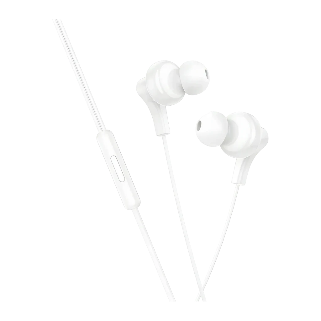Auriculares Hoco M114 Jia In-Ear USB-C blancos, detalle: dos auriculares con almohadillas y mando en línea sobre fondo negro