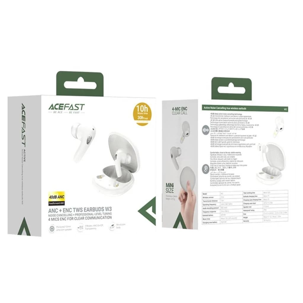 Écouteurs Acefast W3 Réduction de Bruit ANC TWS Intra-Auriculaires Bluetooth 5.4, contenu boîte: packaging blanc recto verso