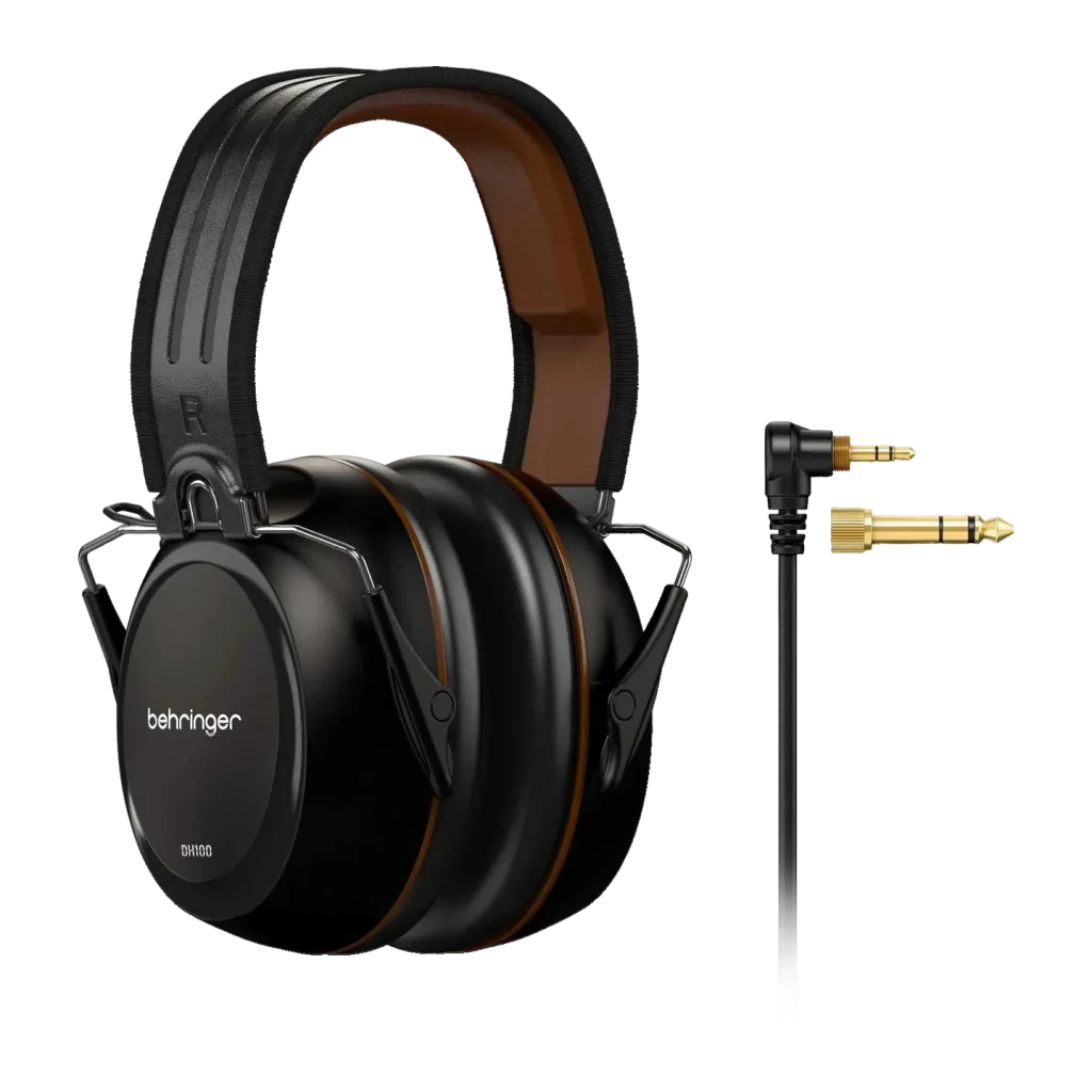 Casque Behringer DH100 Circum-aural Jack 3,5 mm + adaptateur 6,3 mm, vue de face: casque noir avec arceau marron, câble
