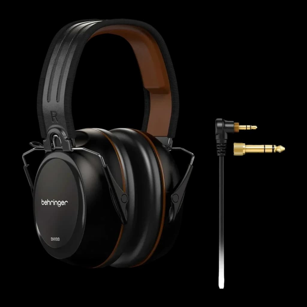 Casque Behringer DH100 Circum-aural Jack 3,5 mm + adaptateur 6,3 mm, vue de face: casque noir avec arceau marron, câble