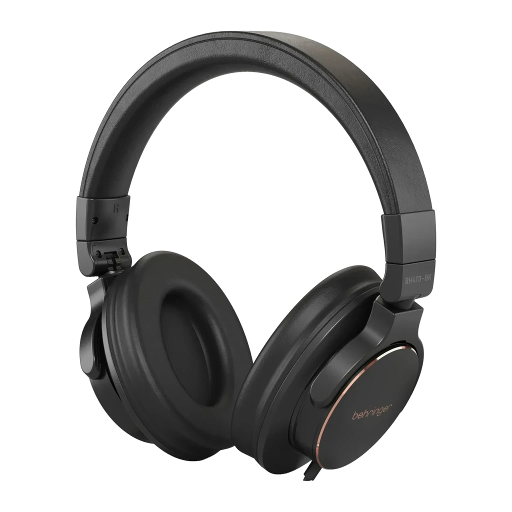 Casque Behringer BH470-BK Arceau circum-aural Jack 3,5 mm Driver 40 mm, vue de face: coussinets circum-auraux, anneau doré