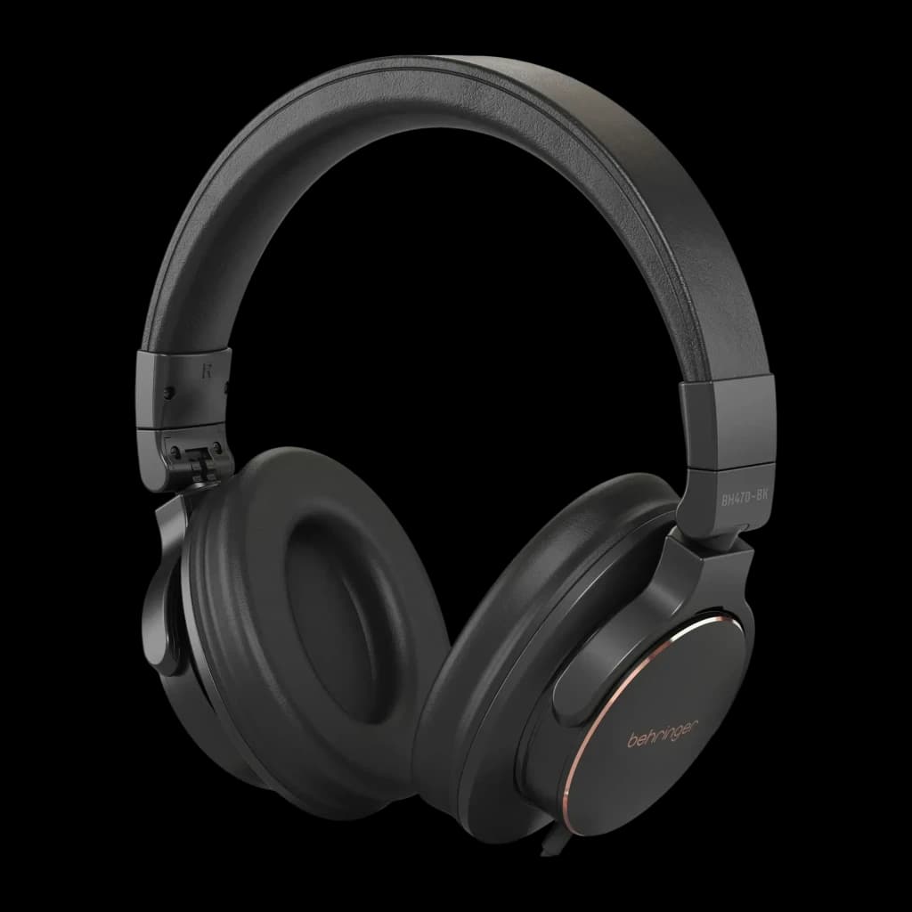 Casque Behringer BH470-BK Arceau circum-aural Jack 3,5 mm Driver 40 mm, vue de face: coussinets circum-auraux, anneau doré