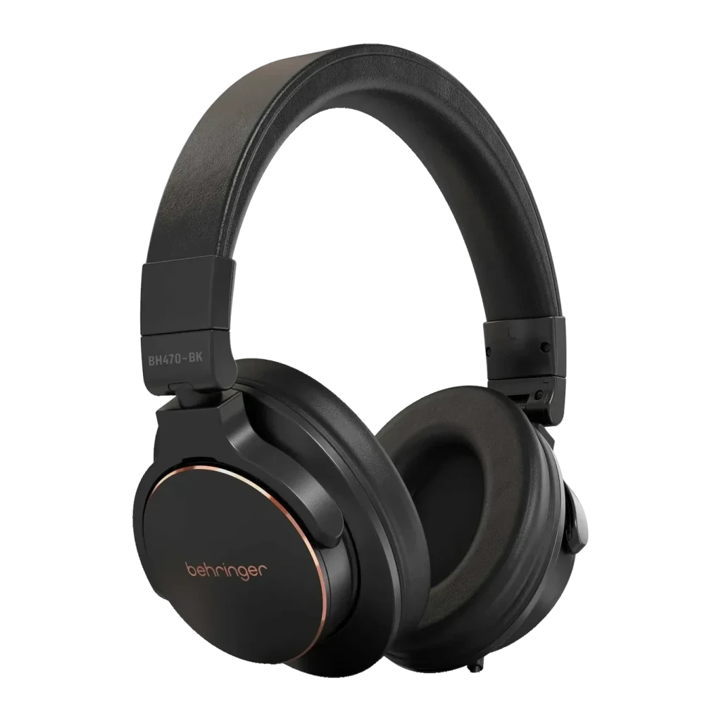 Casque Behringer BH470-BK Arceau circum-aural Jack 3,5 mm Driver 40 mm, détail: anneau doré sur coque noire avec logo