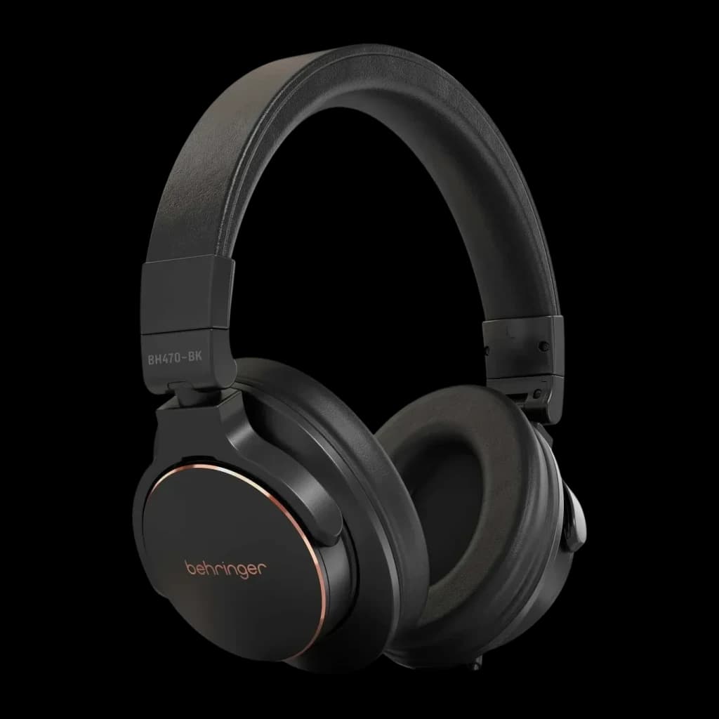 Casque Behringer BH470-BK Arceau circum-aural Jack 3,5 mm Driver 40 mm, détail: anneau doré sur coque noire avec logo