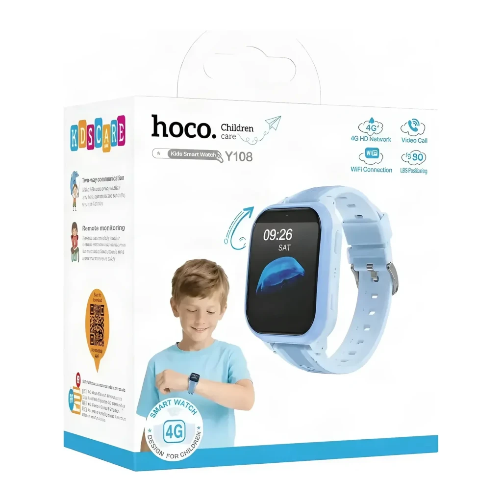 Hoco Y108 Kids Call Azul Chamadas SOS Câmara GPS + LBS + WiFi IPX7 4G, conteúdo da caixa: embalagem com criança usando