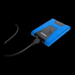 Disco Duro Portátil ADATA 2TB USB 3.0 Azul HD650, vista lateral: cable USB conectado al puerto, carcasa azul y negra