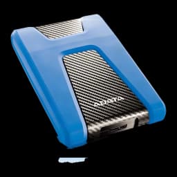 Disco Duro Portátil ADATA 2TB USB 3.0 Azul HD650, vista en perspectiva: carcasa azul con textura carbono y puerto USB lateral